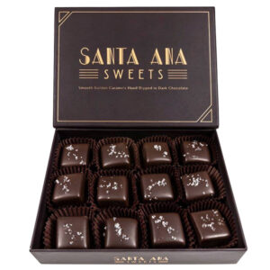 Twelve piece box of Santa Ana Sweets chocolate covered salted caramels | Santa Ana Sweets