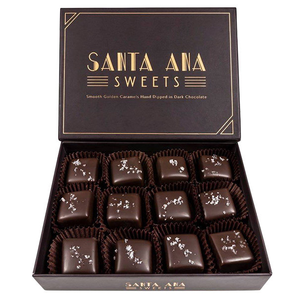 Twelve piece box of Santa Ana Sweets chocolate covered salted caramels | Santa Ana Sweets