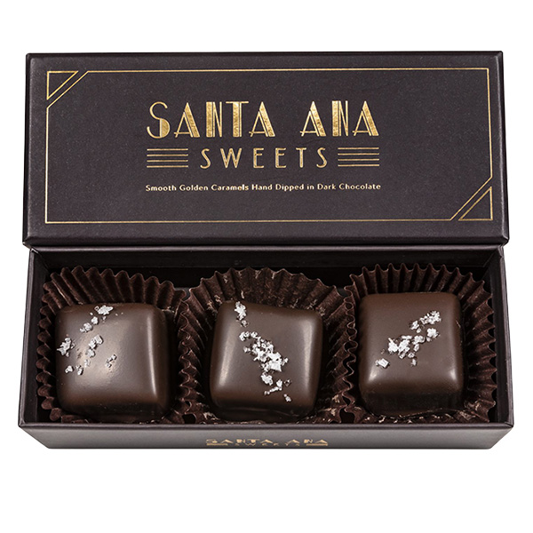 Three piece box of Santa Ana Sweets chocolate covered salted caramels