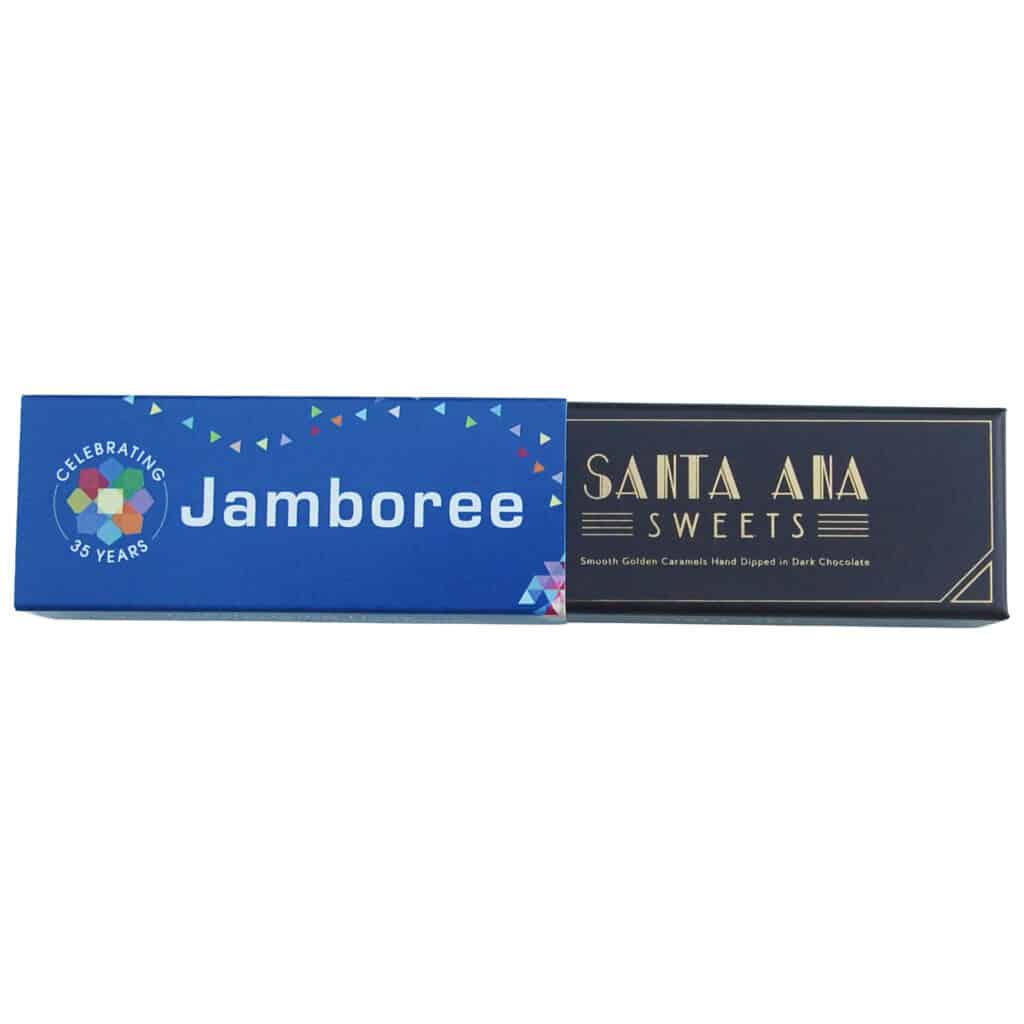 Sleeved, three piece box of Santa Ana Sweets chocolate covered salted caramels