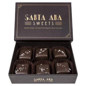 Six piece box of Santa Ana Sweets chocolate covered salted caramels | Santa Ana Sweets
