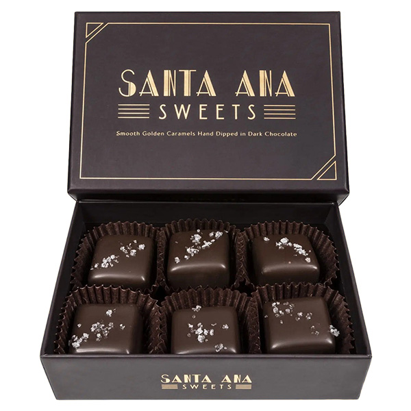 Six piece box of Santa Ana Sweets chocolate covered salted caramels | Santa Ana Sweets