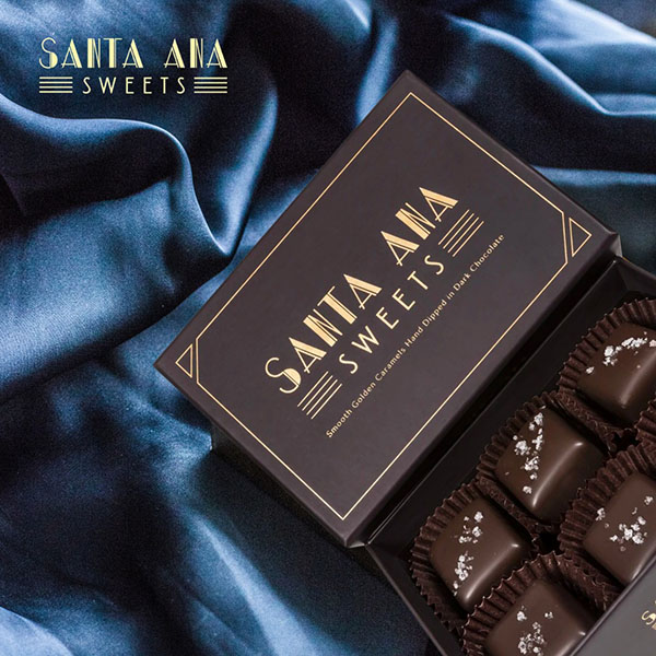 Glamour shot of the Six piece box of Santa Ana Sweets chocolate covered salted caramels | Santa Ana Sweets